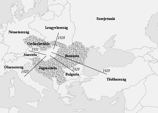 9. Zadatak je u svezi s vanjskom politikom Vlade Istvána Bethlena. Na osnovi skice zemljovida i svojih spoznaja imenujte one države na koje se odnose opisi! (Po elementu 1 bod.) 1927.