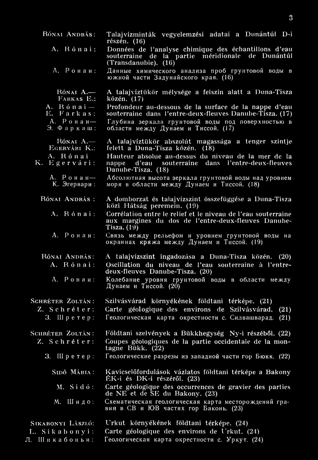 Ронаи: Данные химического анализа проб грунтовой воды в южной части Задунайского края. (16) R ónai А. А talajvíztükör m élysége а felszín alatt а Duna-Tisza F a r k a s E.: közén. (17) A.