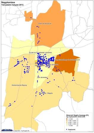 2013. október végéig 957 fő részesült átmeneti segélyben, a segély átlagos összege 6 830 Ft volt. Az alábbi térképen az átmeneti segélyben részesülők területi eloszlása látható.