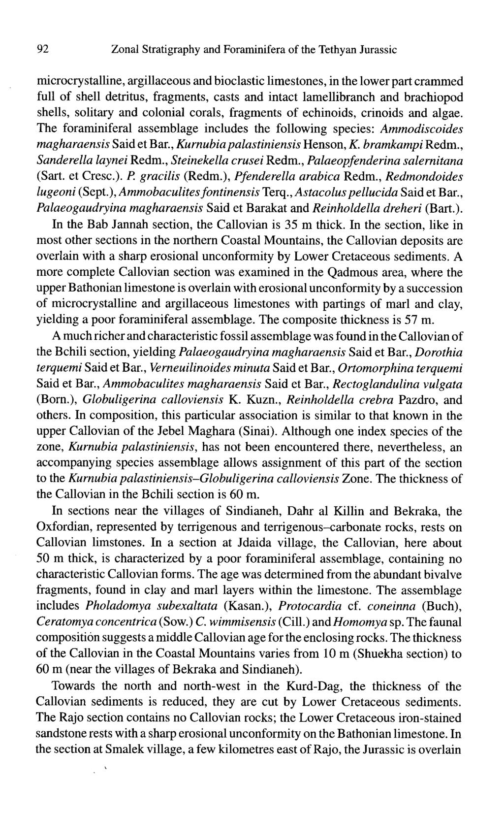 92 Zonal Stratigraphy and Foraminifera of the Tethyan Jurassic microcrystalline, argillaceous and bioclastic limestones, in the lower part crammed full of shell detritus, fragments, casts and intact