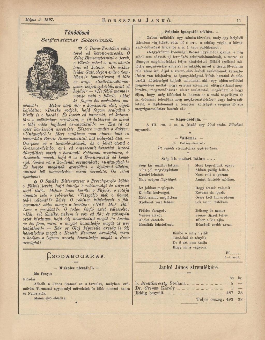 Május 2. 1897. B o r s s z e m J a n k ó. 11 Tűnődések S e i f f e n s t e t n e T S o l o m o n t ó l. 0 D ono-pöntölén valta tovol ed kotono- sár ozás.