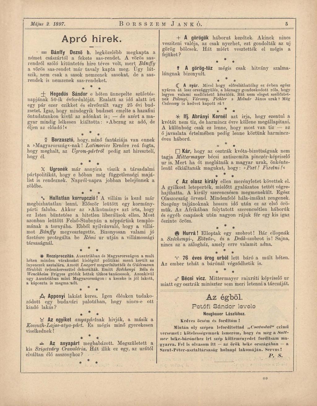 Május 2. 1897. B O R S S Z E M J A N K Ó. 5 Apró hírek. = Bánffy Dezső b. legközelebb megkapta a német császártól a fekete sas-rendet.