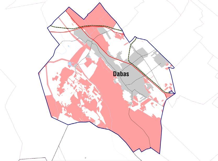 A PMTrT krlátzó övezeteinek Dabast érintő alábbi lehatárlása érzékelteti, hgy hl vannak Dabas közigazgatási területén lyan területek, amelyek a fejlesztés srán övezeti krlátzás nélkül felhasználhatók