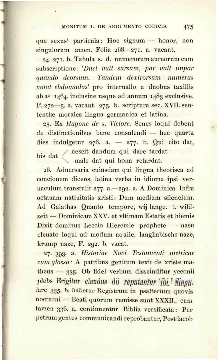 MONITUM I. DE ARGUMENTO CODICIS. 475 que sexus' particula: Hoc signum hoiior, non singulorum amen. Folia 268 271. a. vacant. 24. 271. b. Tabula s. d.
