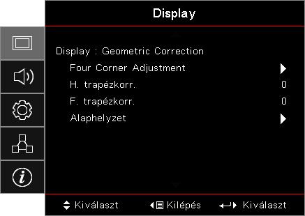 Felhasználói kezelőszervek Display Geometric Correction Magyar Four Corner Adjustment Válassza a Igen elemet a Geometrikus korrekció elvégzéséhez.