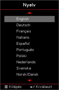 Felhasználói kezelőszervek Beállítás / Opciók / Nyelv Magyar Nyelv A tobbnyelvű OSD menu kivalasztasa.