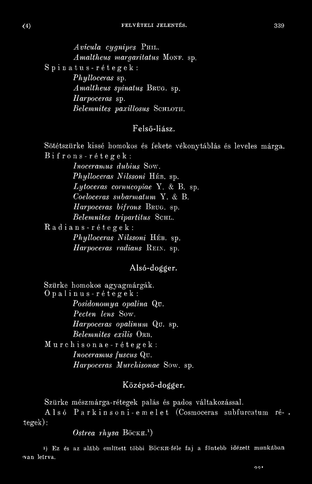 Veden lens Sow. Harpoceras opalinum Qu. sp. Belemnites exilis O r b. Műre hison a e - rétegek : Inoceramus fuscus Qu. Harpoceras Murchisonae Sow. sp. K özépső-dogger.