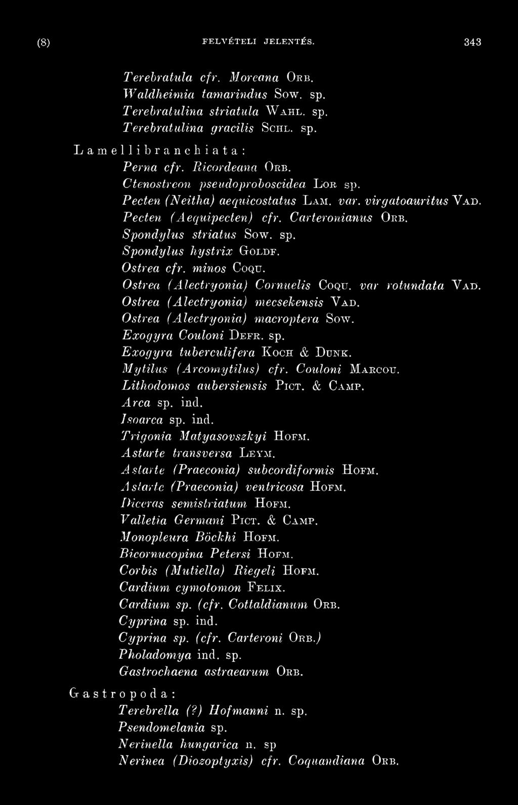 Astarte transversa L eym. A starté (Praeconia) subcordiformis H o fm. Astarte (Praeconia) ventricosa H oem. IHceras semistriatum H oem. Valletta Germani Pict. & Camp. Monopleura Böckhi H ofm.