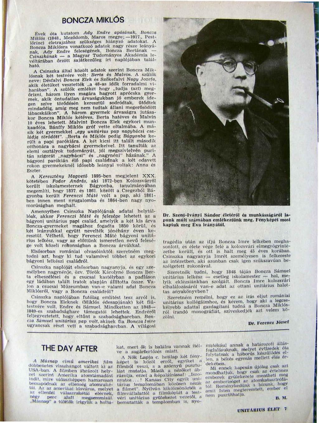 BONCZA MIKLÓS tvek óta kullltom Adll Endre apó!d nak, BOllcz/I i\1ik/ós (1848" Me:.o:Gdomb, Mal"Qs mcgyc, - \917" Pestlőrinc) élclfo j:.o:{ihoz szukséces huiny:.