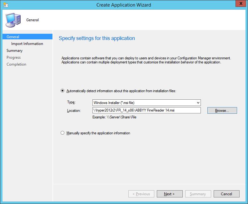 5. Az Create Application Wizard (Alkalmazási varázsló létrehozása) párbeszédpanelen válassza az Automatically Detect information about this application from installation files (Alkalmazás