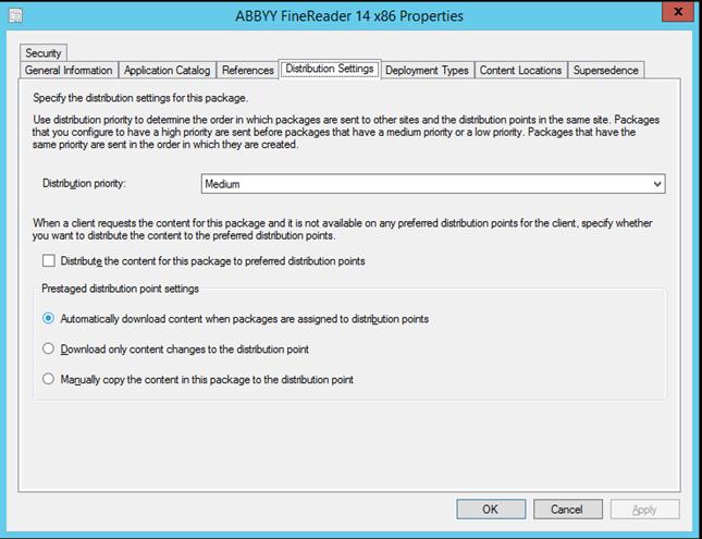 b. A megjelenő párbeszédpanelen válassza az Distribution Settings (Elosztási beállítások) lapot és engedélyezze a Automatically download content when packages are assigned to distribution points