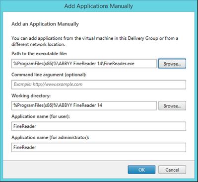 4.2.Manually (Manuálisan...) Ha a kiválasztott kiszolgálókon sok alkalmazási könyvtár áll rendelkezésre, válassza az ABBYY FineReader 14-et tartalmazót a Working directory (Munkakönyvtár) panelen.