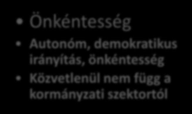 Önkéntesség szervezési alapelvek Autonóm, demokratikus irányítás, önkéntesség Közvetlenül nem függ a