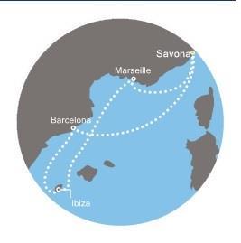 Útvonal: Savona (Italy) - Marseilles (France) - Ibiza (Spain)- Barcelona (Spain)-Savona (Italy) 2017.09.20-24 5 nap/4 éj 2 ágyas, belső, classic kabinban: 159.
