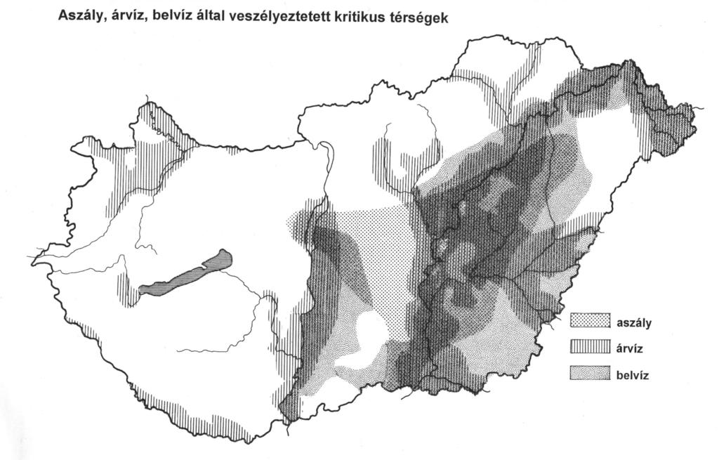 4. térkép: Ár- és belvízzel, valamint aszállyal érintetett területek Forrás: Nemzeti Éghajlati Atlasz, 1998 A természeti rendszer felborulását természeti csapások sorozataként (árvíz, aszály, belvíz,