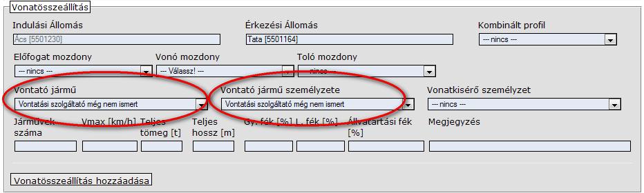 érkezési állomását át kell írni az első szakasz végállomására, majd meg kell nyomni a vonatösszeállítás hozzáadása gombot. A vonatösszeállítás változásának helyén tartózkodást is kell rendelni.