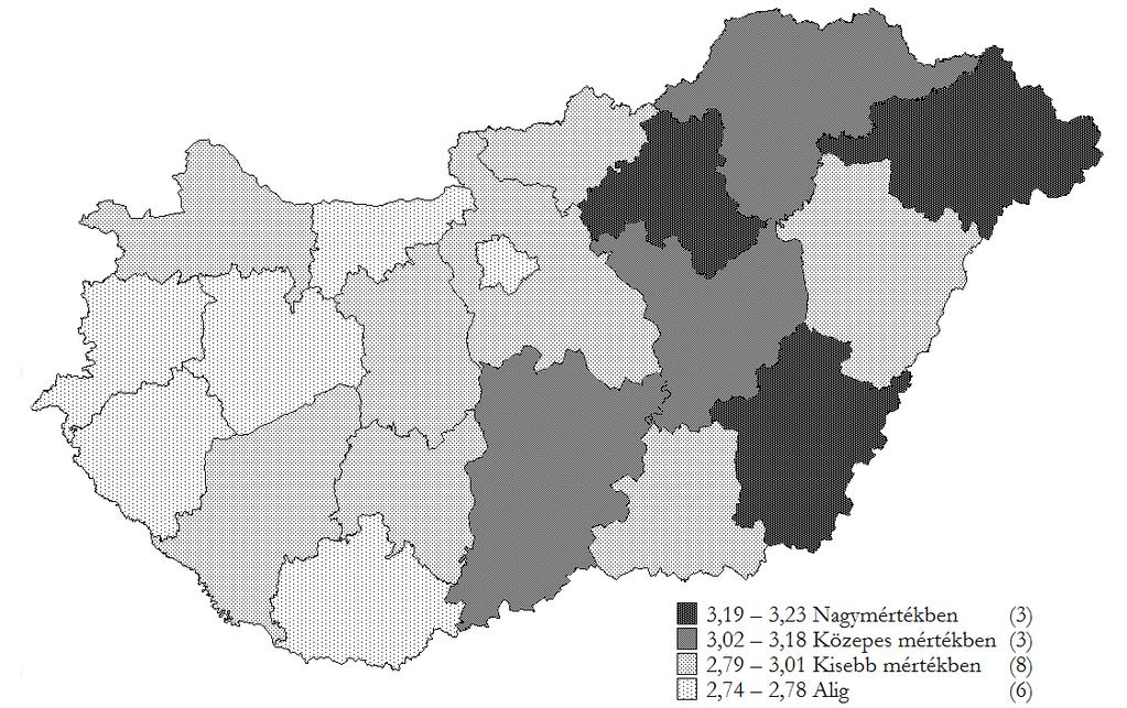 29. ábra: A megváltozott téli, enyhébb időjárással való érintettség szubjektív megítélése Magyarország megyéiben Megjegyzés: N=3245.