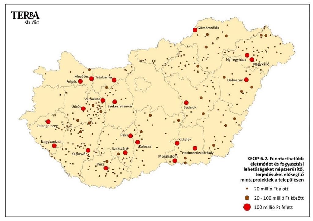 34. ábra: KEOP-6.2. keretében kifizetett támogatások településenként Forrás: Terra Stúdió Kft: KEOP ÁTFOGÓ EX-POST ÉRTÉKELÉSE, 2016.