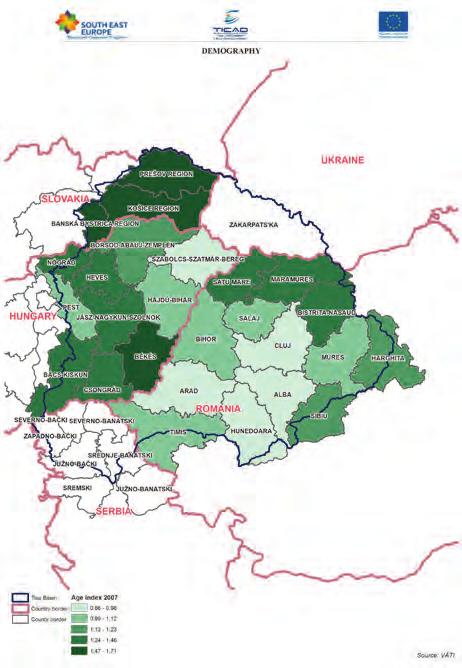 Település Terület Fejlesztés Öregedési index a Tisza vízgyûtô területén Területhasználat a Tisza vízgyûtô területén Forrás: nemzeti adatbázisok Forrás: Corine Land Cover (2000) EEA.