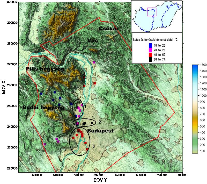 ismertetésénél a hangsúlyt a Budai- és Pilis-hegységek jól karsztosodott triász és annál fiatalabb korú képződményeire fektettem. 2. ábra A vizsgált terület térképe.