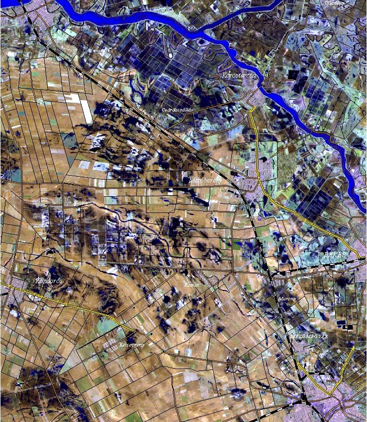 A belvízborítás pontosan felmérhető az űrfelvételekkel Landsat TM színkompozit a Békés megyei Hunya környékéről A vizes területek kihangsúlyozásával készült speciális színkompozit nagy