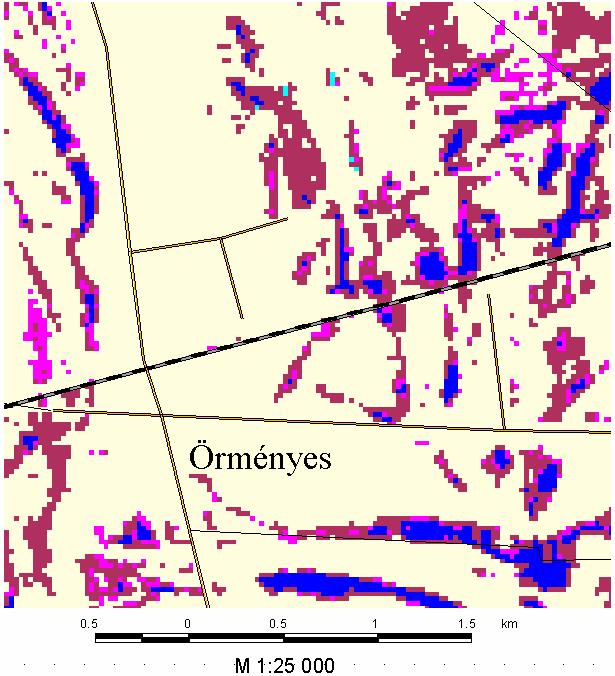 Objektív belvíztérkép részlet GIS OPEN 2006 Konferencia, Az előző ábrán látható űrfelvétel részlet digitális feldolgozásának eredménye. A területadatok az ábrázolt felvétel részletre vonatkoznak.