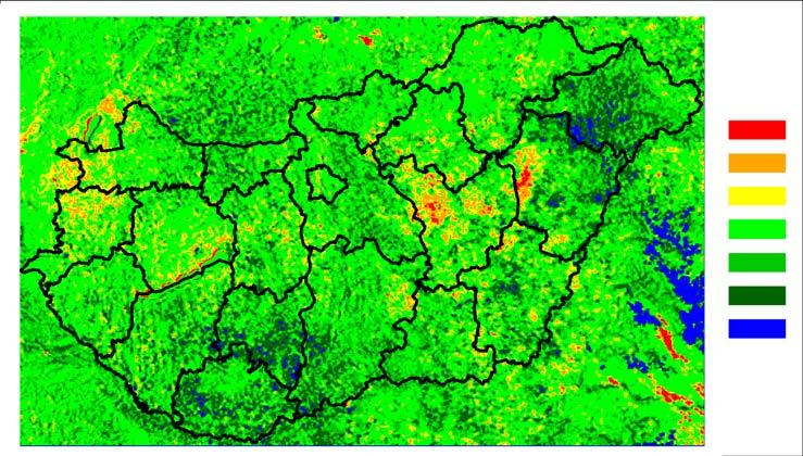 Aszálymonitoring, 2002 SPOT VEGETATION 2000 ΔNDVI (2000-1998) >-0.20-0.19 - -0.10-0.09 - -0.05-0.04 - +0.04 +0.05 - +0.09 +0.10 - +0.19 >+0.20 2000 június 4. és 1998 június 7.