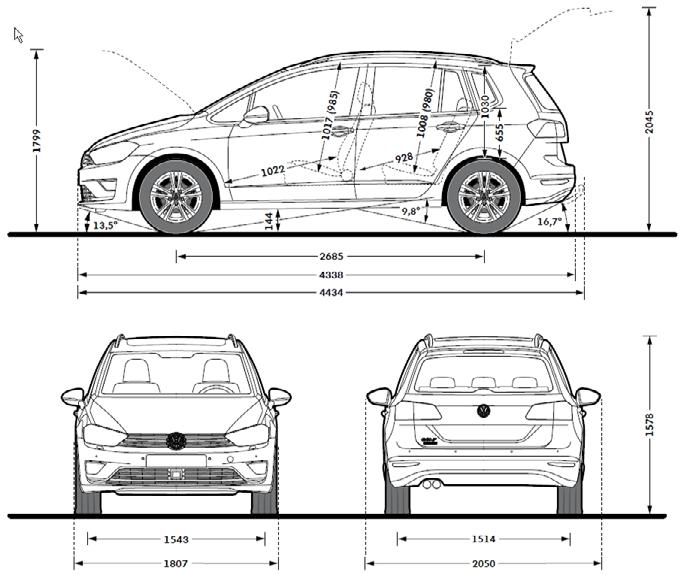 Méretek Golf Sportsvan Csomagtartó térfogata (l) 500-1520 Csomagtartó térfogata, hosszában csúsztatható hátsó üléspad legelső helyzetben (1) 590-1520 Üzemanyagtartály térfogata, benzin/dízel