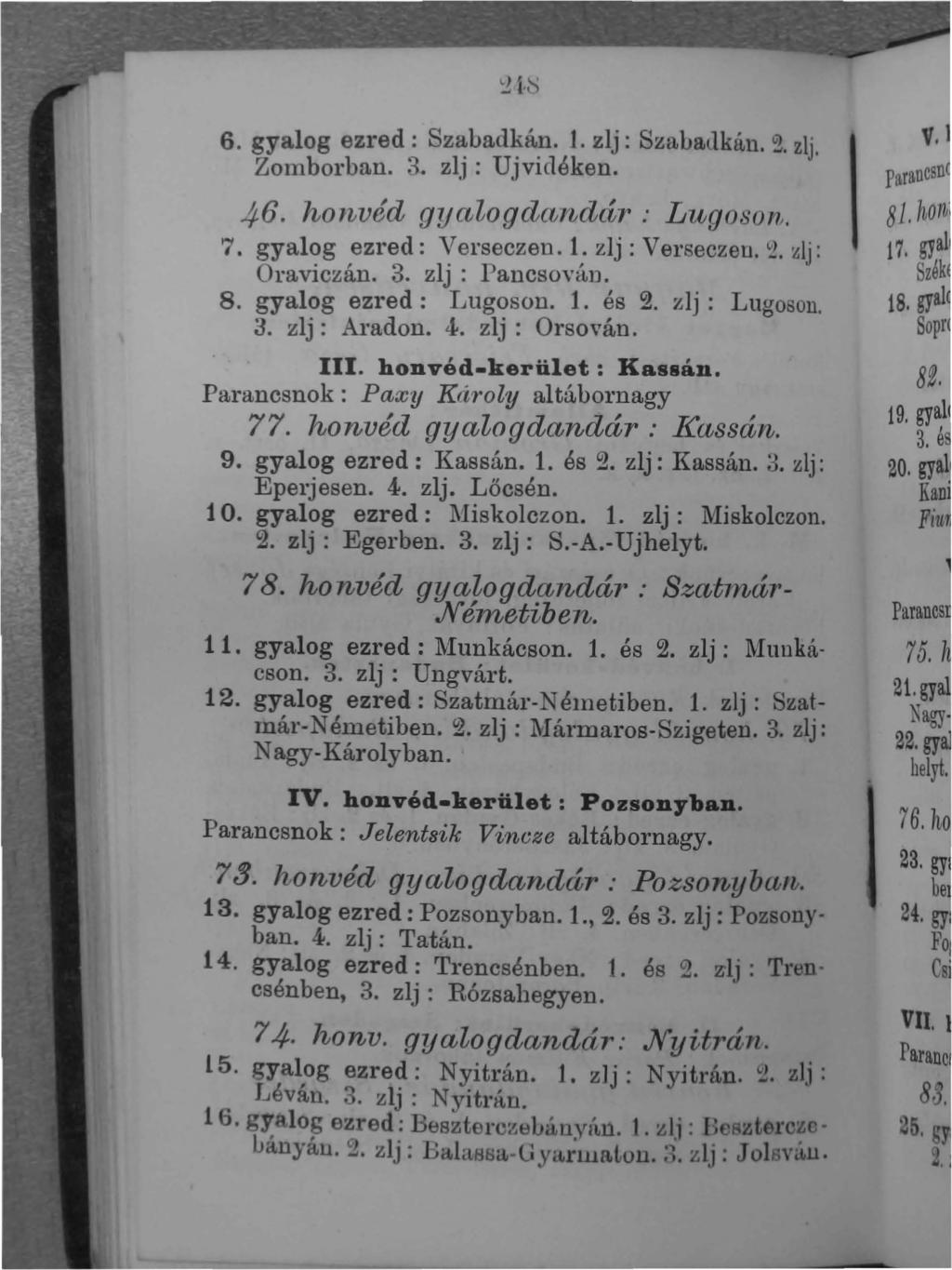 6. gyalog ezred: SzaLaukán. t. zlj: SzaLadkán. ~. zlj. Z0111borban. 3. zlj; Ujvic1éken. 4-6. honvéd gyalogdc(;nddr : LUgosONI. 7. gyalog ezred: V el'seczen. 1. zlj : Verseczeu. ~. ~lj: Oraviczán. 3. zlj : Pancsován.