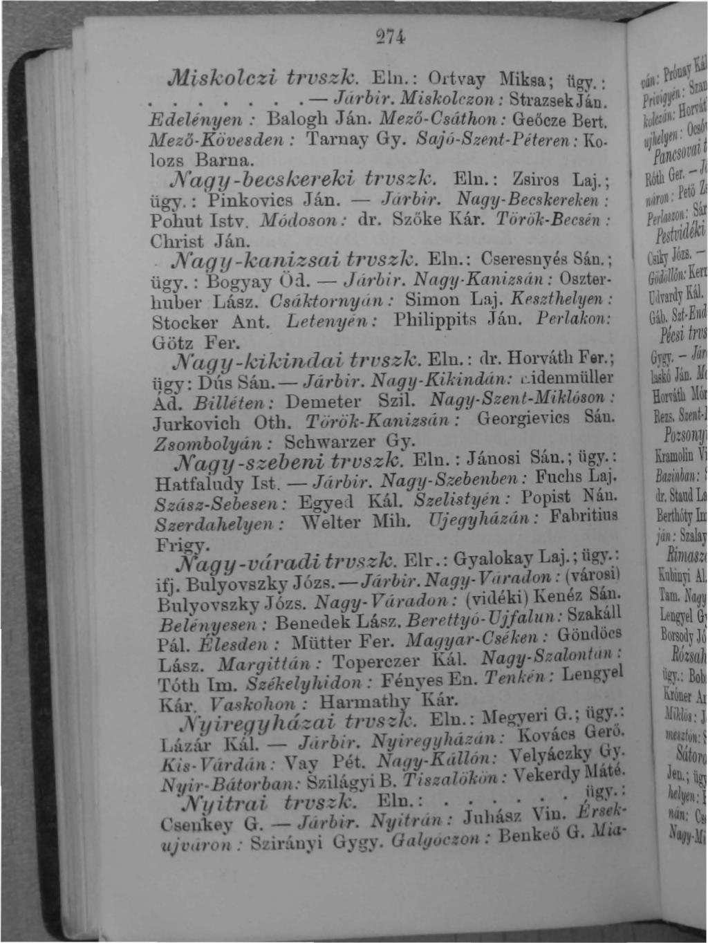 274 l.i,sko.lc i trvs"" k.. ~lll.:. Ortvay 1\Iiksa; U!n'.:. :... - Ji: I'bl ~'. M,~8kolrzon: trazsek J~n. E le~,e ly'~n: Balogh Jan. Mezo-C~útholl : Geöcze Bart. Mezo-Kuvesdell: Tarnay Gy.