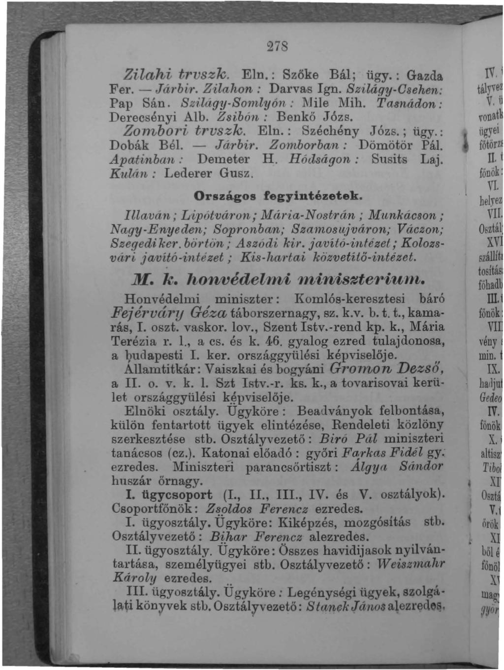 27~ Zi,lahi trvszk. EIn. : Szőke Bál; ügy.: Gazda Fer. - Já,rbir. Zilahon: Darvas Ign. Szilágy-Osehen: Pap Sán. Sztlágy-S01nlyón: l\1ile lviih. Tasnádon : Derecsényi Alb. Zsibon.. Benkő Józs.