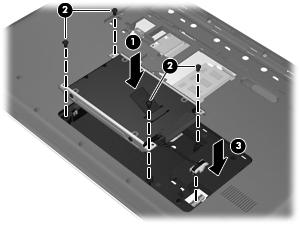 3. Csatlakoztassa a merevlemez kábelét (3) a számítógéphez. 4. Igazítsa a merevlemez borításán lévő füleket (1) a számítógépen lévő mélyedésekhez. 5. Helyezze vissza a fedelet (2). 6.