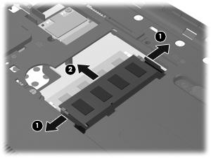 5. Távolítsa el a memóriamodul-rekesz fedelét (2). 6. Memóriamodul cseréje esetén távolítsa el a meglévő memóriamodult: a. Húzza szét a rögzítőkapcsokat (1) a memóriamodul mindkét oldalán.