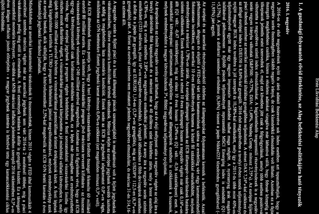 Erste Likviditási Befektetësi Alap 1. A gazdasãgi folyamatok rövid áttekintése, az Map befektetési politikájára ható tényezök 2016. I.