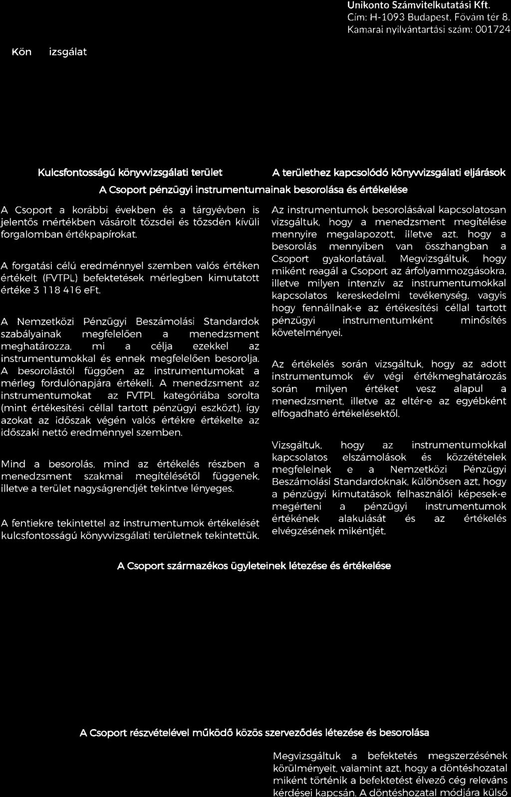 Ezeket a k6rdeseket a konszolidslt p6nzugyi kimutatssok egesze Sltalunk v6gzett konywizsgslatdnak osszefugg6s6ben 6s az arra vonatkozo velemenyunk kialakitdsa sordn vizsgaltuk, 6s ezekrol a