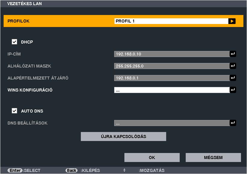 5. A projektor menüjének használata A WIRED LAN (VEZETÉKES LAN) és a WIRELESS LAN (VEZETÉK NÉLKÜLI LAN) párbeszédablakok mezői (az utóbbiak csak az ADVANCED, azaz HALADÓ módban érhetők el) PROFILES