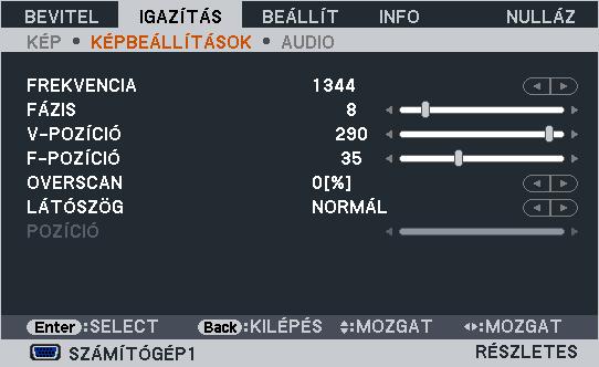 5. A projektor menüjének használata IMAGE OPTIONS (KIVETÍTÉSI BEÁLLÍTÁSOK) Az órajel és a fázis beállítása: FREQUENCY (FREKVENCIA) és PHASE (FÁZIS) Ezzel a két