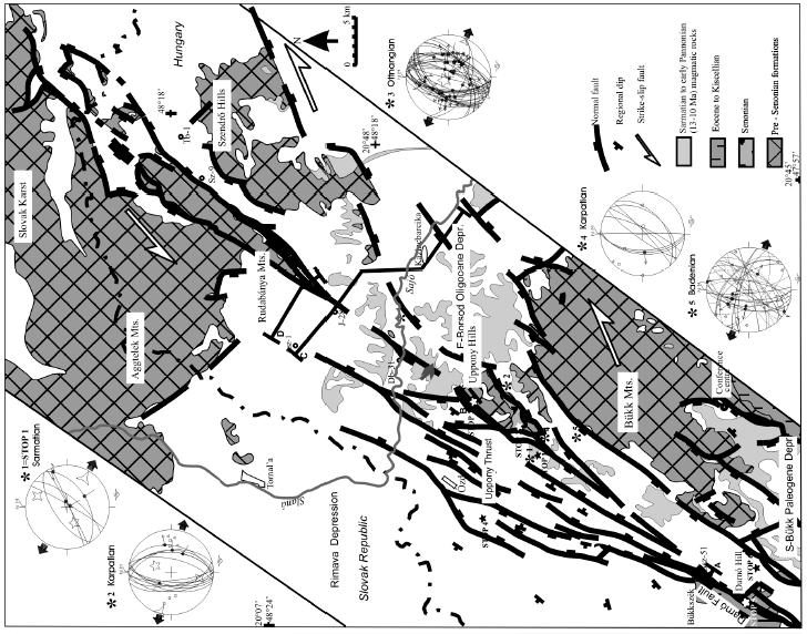 Miocén és pliocén, 2. Oligocén és legalsó-miocén, 3. Mezozoikum, 4. Paleozoikum, 5. Földtani szelvényvonal, 6. Fő szerkezeti vonal (kimutatott), 7.