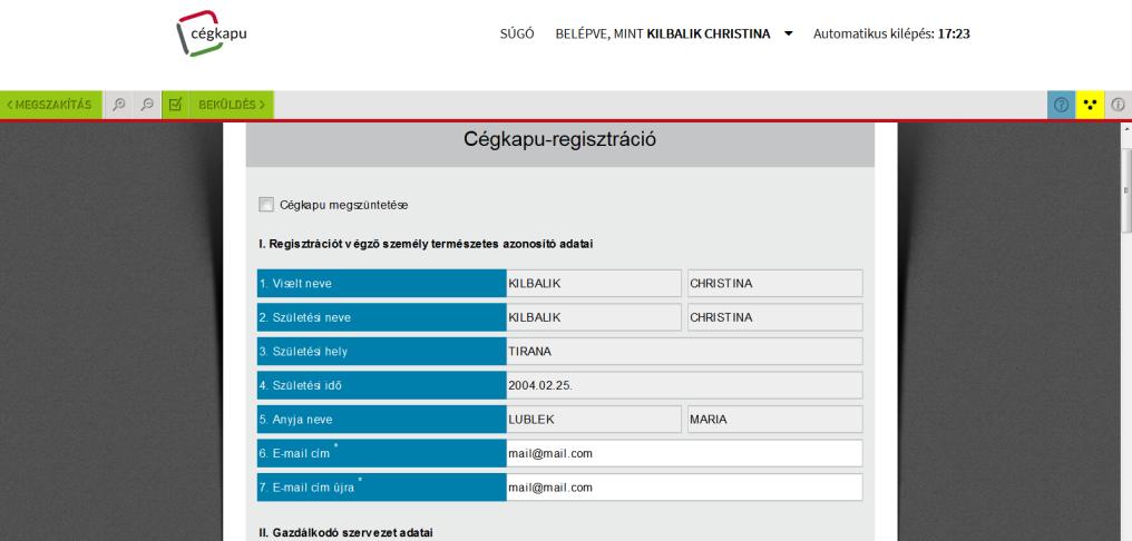 A fenti esetekben a megadott adatok alapján és a megfelelő gombra történő kattintás után (Egyéb gazdálkodó szervezet, más esetben Tovább gomb, illetve Együttes cégképviselet esetén a