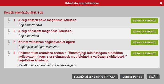 A Mentés PDF-be gombra kattintva PDF-formátumban is megtekinthető a hibalista, amely lementhető a számítógépére.