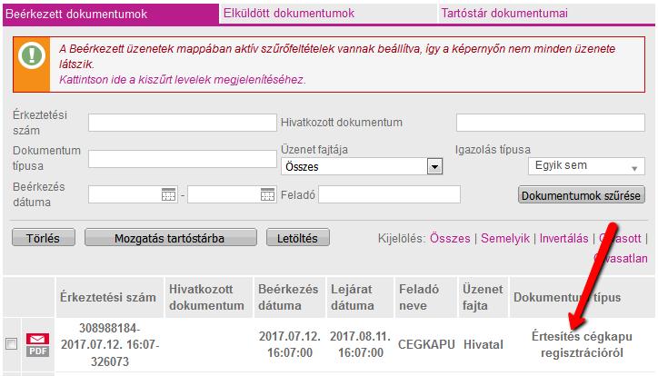 A program a regisztrációt végző cégképviselő, valamint a regisztráció során megadott cégkapumegbízott e-mail címére elküldi a Visszaigazolás véglegesített cégkapuregisztráció létrejöttéről tárgyú