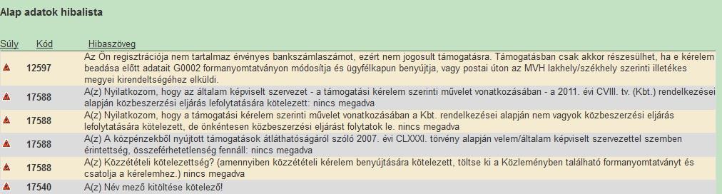 - Fehér háttérszín a cella megfelelően kitöltött, vagy nem kell kitölteni - Piros háttérszín a cella kitöltendő, vagy hibás. A cellára állva megjelenítésre kerül a hiba oka.