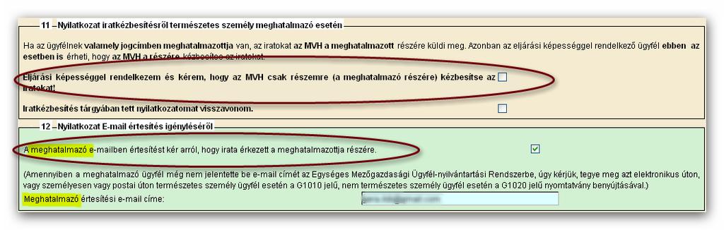 A meghatalmazó a jelölő négyzetbe történő pipa jelölésével dönthet úgy, hogy az iratokat részére küldje meg a Kincstár. A 11. és 12.