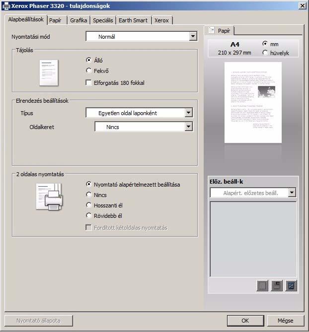 Nyomtatás Windowsból Alapbeállítások fül Az Alapbeállítások fülön adhatja meg a nyomtatási mód és a nyomtatott dokumentum megjelenítésének beállításait.