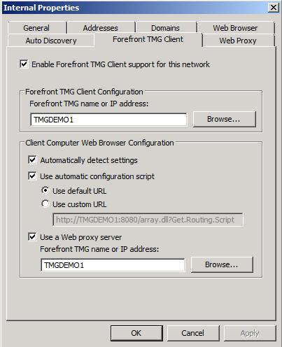 A KAPUN TÚL közvetlen hozzáférést (SNAT vagy tűzfal klienssel) vagy a proxy kérések átdobását egy másik TMG (ISA) szerverre ( BackupRoute a szkriptben).