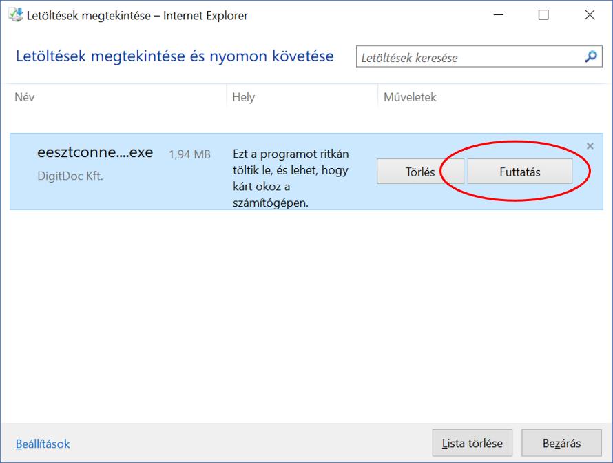 A letöltést követően a keretprogram a Letöltések megtekintése menüpontban a letöltött