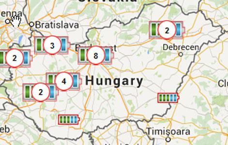 1. A térkép azt mutatja, hogy Magyarországon hány helyen lehet elektromos kerékpárt tölteni.