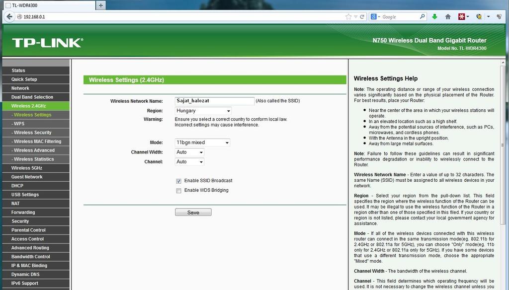 WI-FI beállítás Navigáljon a router admin felületében a Wireless /Wireless Settings menüpontba.