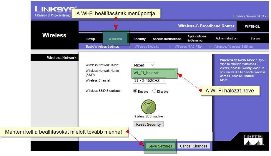 WI-FI beállítás Navigáljon a router admin felületén a Wireless menüpontban. Válassza ki a Basic Wireless Settings menüpontot.