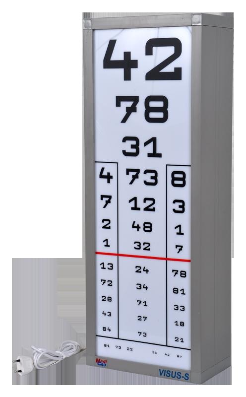 Látásélesség-vizsgáló táblák, LED-es belső megvilágítással Választható ábrák ( oszlopok ): betű, szám, ammon